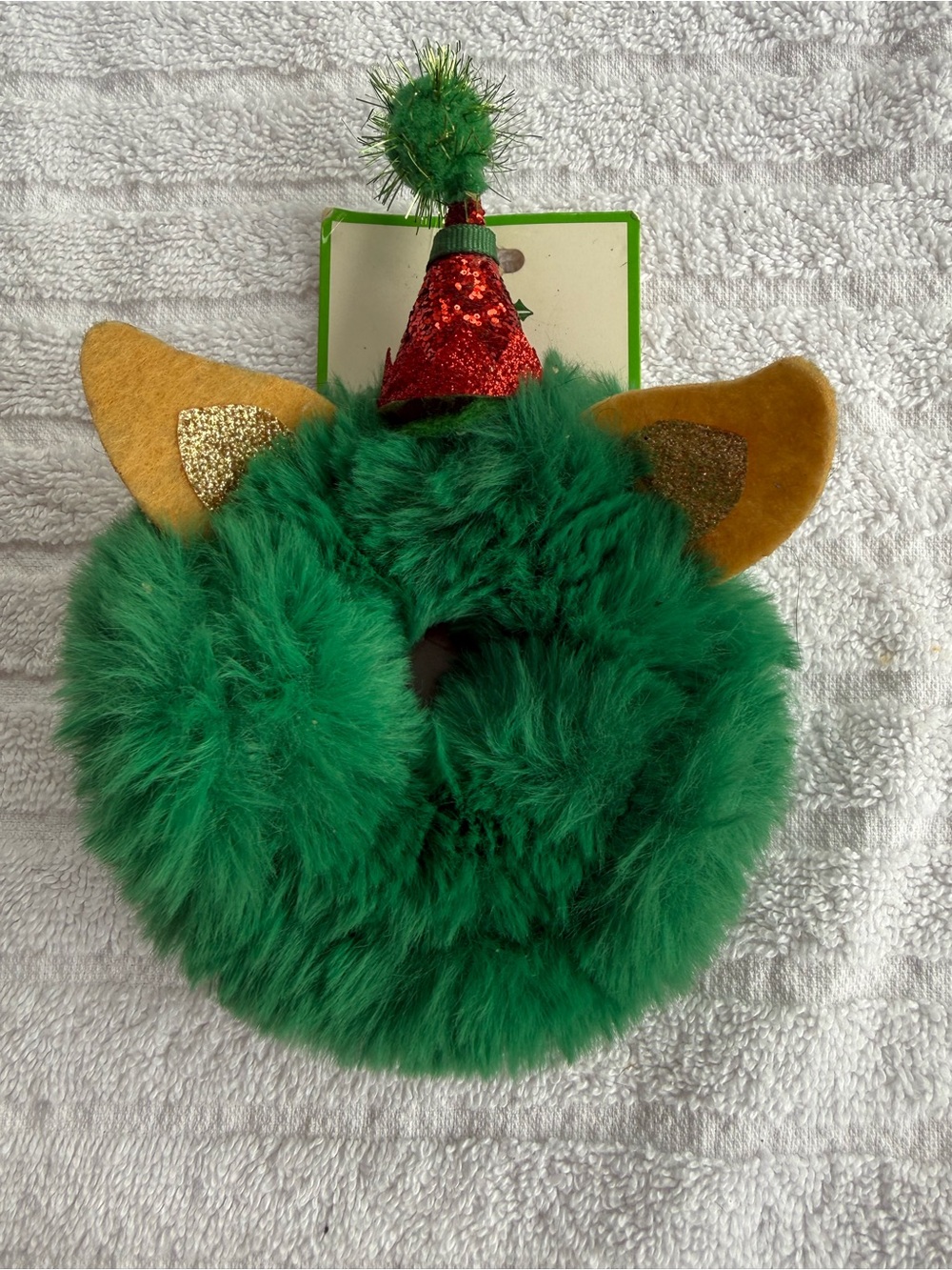 NWT Festive Green Furry Hair Scrunchie with Party Hat